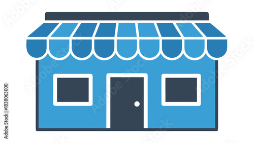 Simple Blue Building Facade With Awning And Windows And Door Representing A Storefront Or Small Business establishment with Flat Design Style
