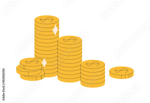 Golden metal money stack, dollar money cents stacked, dollar symbols on coins, cash savings, gold coins stack, american currency, earnings and savings, income, finance bonus flat vector illustration.