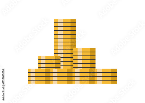 Golden metal money stack, dollar money cents stacked, dollar symbols on coins, cash savings, gold coins stack, american currency, earnings and savings, income, finance bonus flat vector illustration.