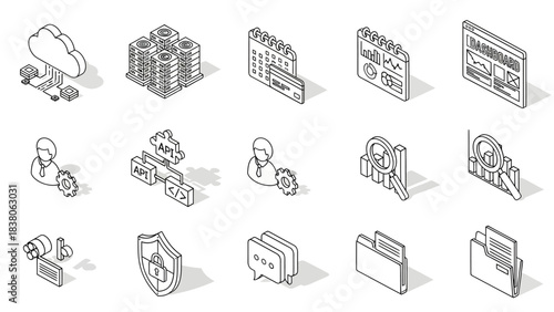 Isometric icons representing business, technology, and finance concepts for digital use