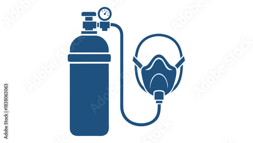 Simple Blue Silhouette of Oxygen Tank Connected to Breathing Mask Isolated on Black Background Clinical Medical Equipment Illustration