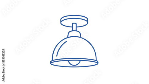 Simple Line Drawing of a Blue Industrial Style Flush Mount Ceiling Light Fixture with a Dome Shaped Shade and Exposed Bulb on a Black Background