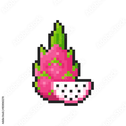 Pixel dragon fruit isolated on transparent background. Pixelated badge, game asset or computer arcade item. Pitaya icon. Vector pixel art food illustration in 16 bit old style.