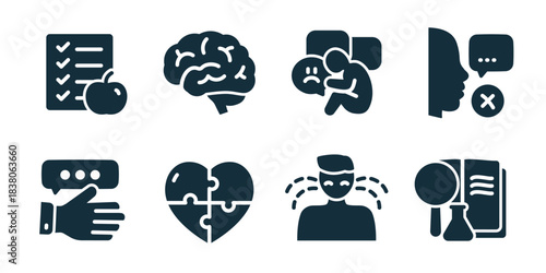Psychology and autism excellent icon collection. Set of checklist, brain, support, communication block, hand message, heart puzzle, crying person, and research icons