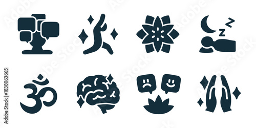 Meditation and wellness excellent icon collection. Set of meditation tree, yoga pose, mandala flower, sleeping figure, om, brain, emotions, and praying hands icons