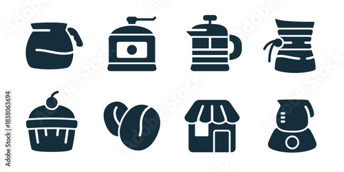Coffee shop and baking excellent icon collection. Set of coffee pot, grinder, french press, cezve pot, cupcake, coffee beans, storefront, and modern brewer icons
