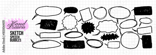 Black sketch speech bubbles set. School empty pen talk text boxes. Bold line crayon drawn shapes on grid paper. Punk ovals and rectangles as speech text elements for notes.