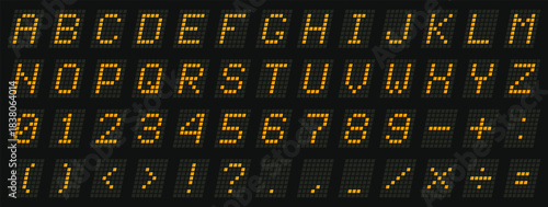 Pixel style alphabet and numbers made with bright grid dots. Characters form retro digital display