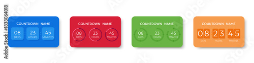 Countdown timer cards shown in four color variations. Minimal numeric interface with days, hours and minutes