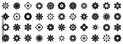 Flower silhouettes collection shown in bold simple style. Shapes vary by petals and inner accents