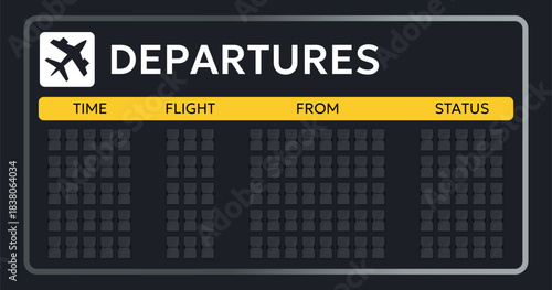 Airport departures board with time flight origin and status fields. Minimal style with clear shapes and smooth contrast