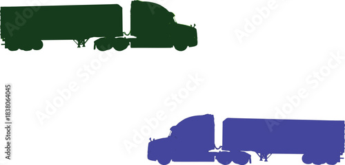  illustrations of semi-trucks, each showcasing distinct colors and designs against a clean white background. The truck at the top is colored dark green, while the one below it is blue. victor