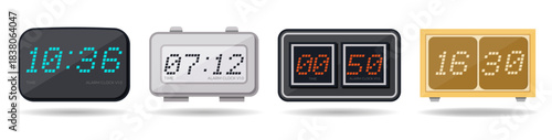 Digital alarm clocks shown in multiple display styles. Clean glowing numerals and various frame designs create a modern electronic look