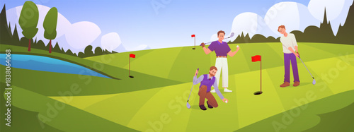 People playing golf on the lawn, golf equipment, red flags, vector flat sport leisure activity, training on natural landscape
