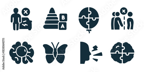 Autism problem excellent icon collection. Set of problem, blocks, puzzle balloon, conflict, brain search, butterfly, speech, and brain puzzle icons