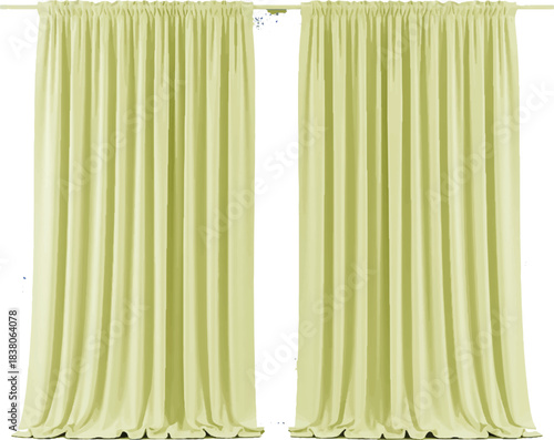 The image features two panels of yellow-green curtains suspended from a rod, creating a vibrant and fresh aesthetic.