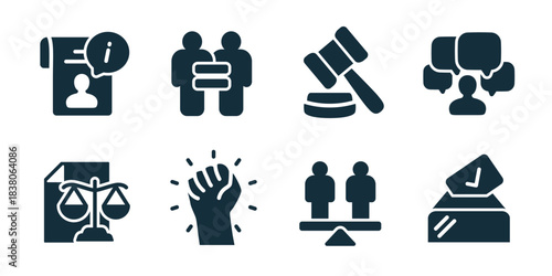 Law and justice excellent icon collection. Set of ID document, handshake, gavel, discussion group, legal scale, fist, balance board, and ballot box icons