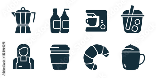 Coffee and cafe excellent icon collection. Set of moka pot, syrup bottles, espresso machine, iced drink, barista, takeaway cup, croissant, and whipped coffee icons