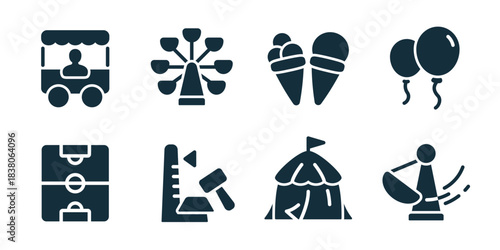 Amusement park excellent icon collection. Set of food cart, ferris wheel, ice cream, balloons, football field, hammer game, circus tent, and spin ride icons