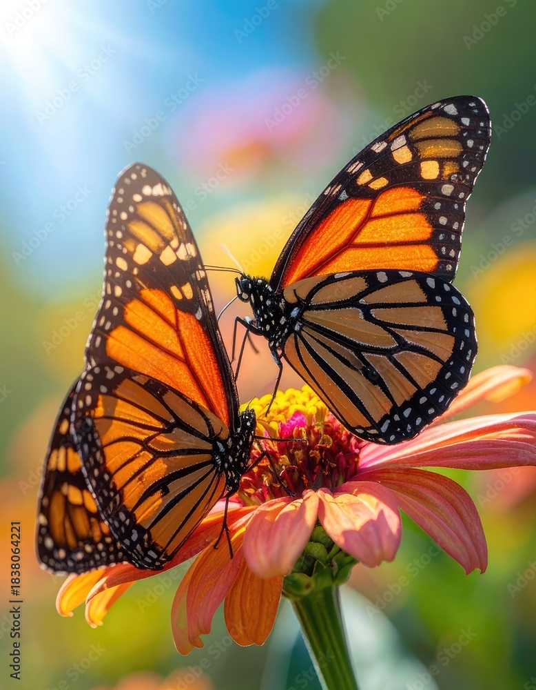 Fototapeta premium Two monarch butterflies sharing a nectar-rich orange flower in bright sunlight.