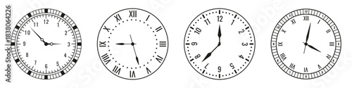 Classic analog clock faces shown in different styles. Thin outlines and clean numerals create a simple mechanical look