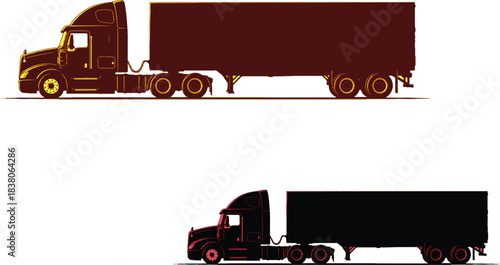 The image features two semi-trucks depicted in a side view against a clean white background, allowing for clear visibility of their designs and colors.