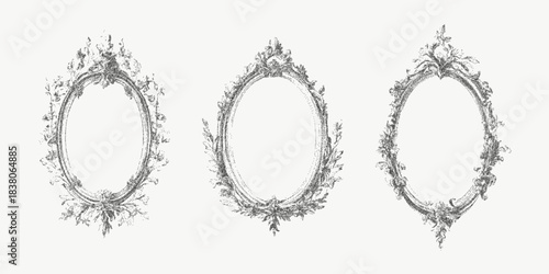 Three patterned oval frames with fine stipple grain and subtle grunge overlays on aged paper. Speckled dust adds vintage decorative effect.