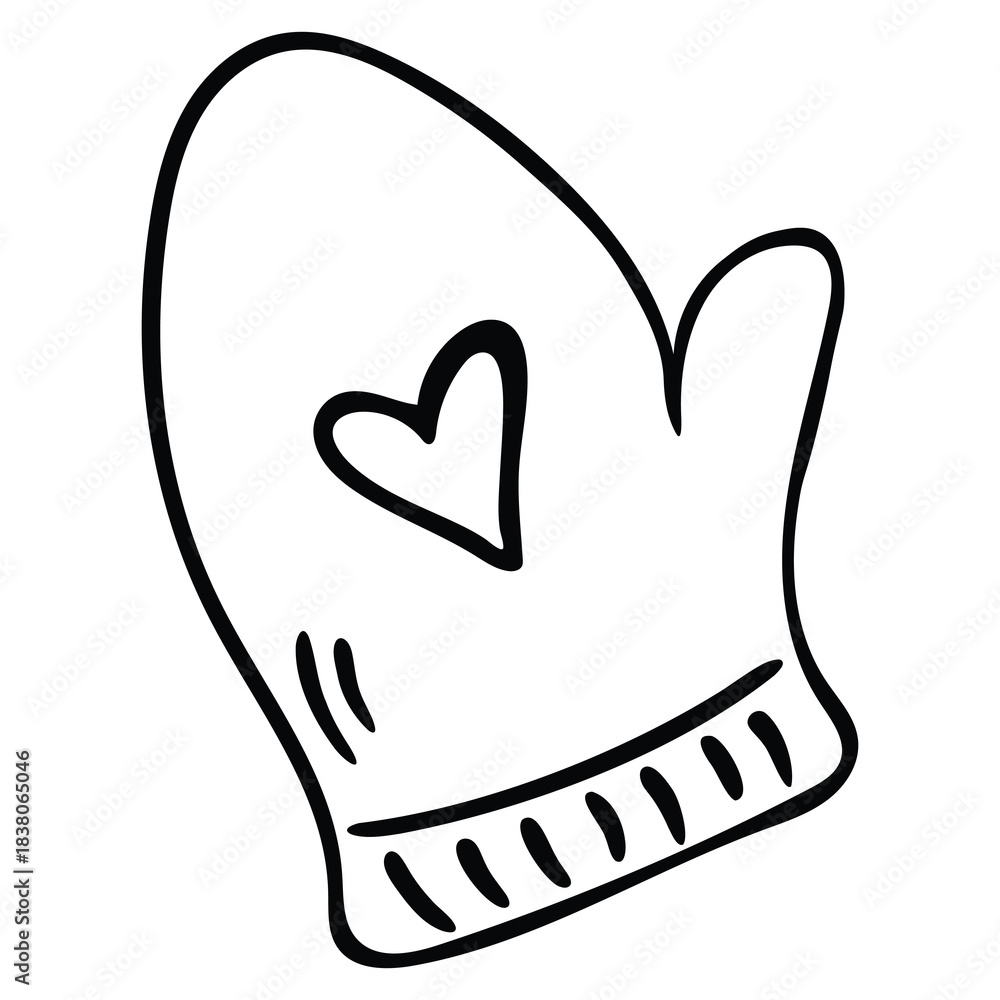 Obraz premium Hand drawn outline illustration of a single oven mitt featuring a small heart symbol.black and white vector sketch for cooking, baking, and kitchen themes, home related designs.