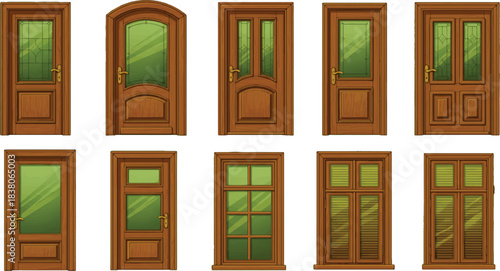 The image presents a visually appealing collection of ten wooden doors, organized in two rows of five, all featuring a light brown finish that adds warmth to the overall aesthetic