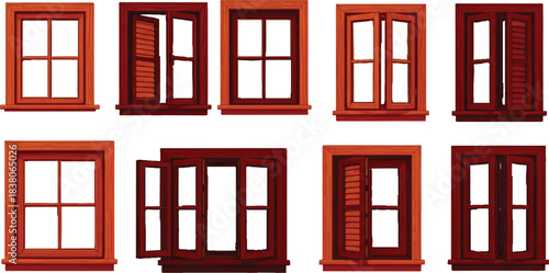 The image presents a playful collection of window designs, organized in two rows of four. Each window is crafted from wood and showcases a range of warm shades,