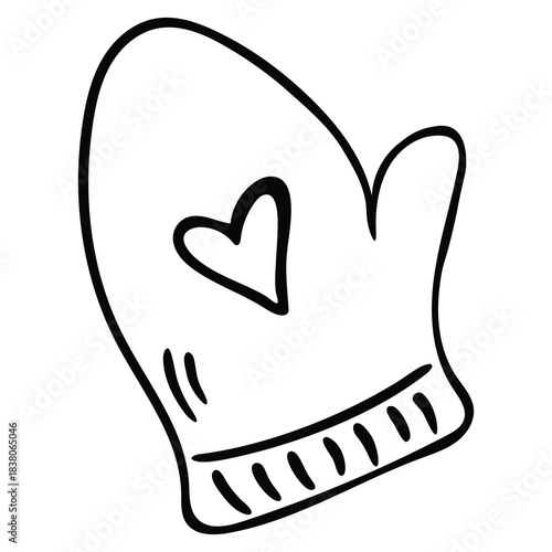 Hand drawn outline illustration of a single oven mitt featuring a small heart symbol.black and white vector sketch for cooking, baking, and kitchen themes, home related designs.