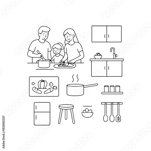 Family cooking together in a kitchen scene with various elements