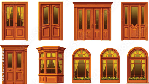 The image showcases a charming collection of eight wooden doors and windows, organized into two distinct rows. The upper row features four doors,