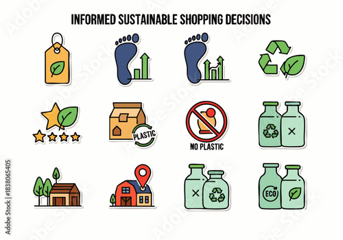 Icons represent informed sustainable shopping decisions for eco-friendly choices and environmental responsibility.