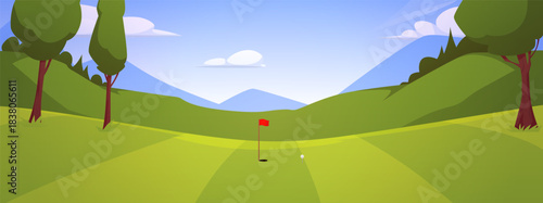 A poster with a daytime golf course landscape, flag, hole, hills, green grass, trees, and sky.