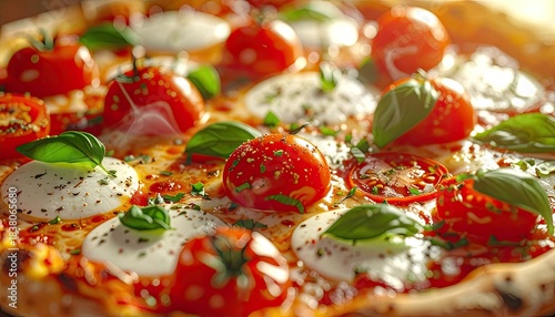 A close-up, high-detail photograph of a freshly baked Margherita pizza featuring whole cherry tomatoes, fresh mozzarella, and basil leaves.