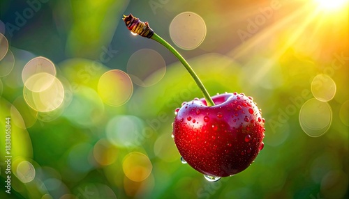 A single, dew-covered cherry glows under bright sunlight with a vibrant bokeh background.