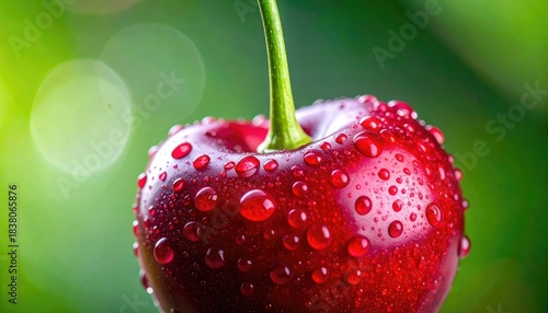 A vibrant close-up shot of a fresh, ripe cherry covered in glistening water droplets against a soft green background.