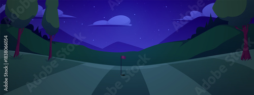Golf course with flags and holes, trees at night, vector flat dark nature landscape of green golf field course with hill