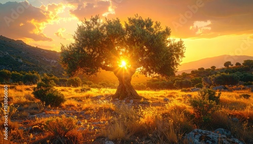 Majestic olive tree silhouetted against a dramatic golden sunset in a hilly landscape.
