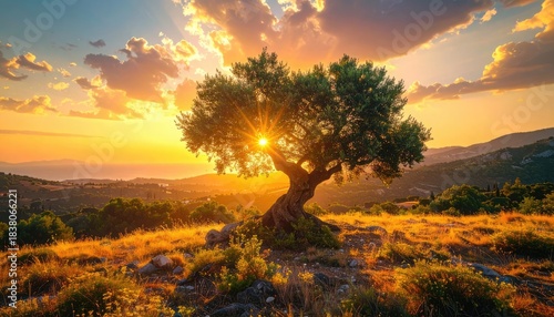 Ancient olive tree bathed in the brilliant golden light of a Mediterranean sunset over rolling hills.