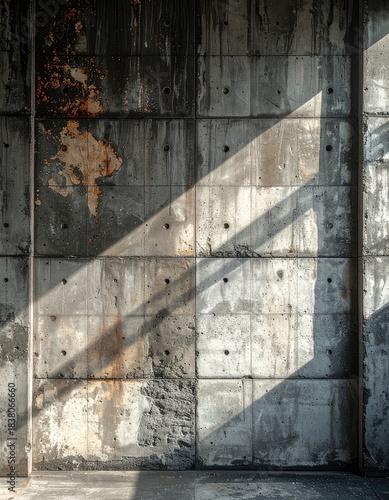Harsh sunlight cuts across a weathered, textured concrete wall with visible staining and imperfections.