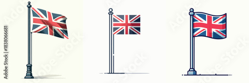 Vector set of simple British flagpoles on white background