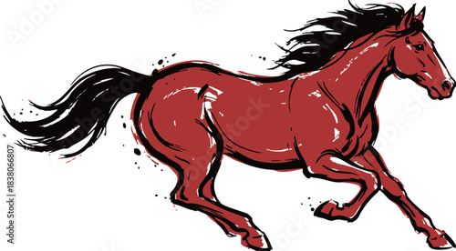 2026 Year of the Horse, Red Horse Running, Ink Brush Style Vector Illustration