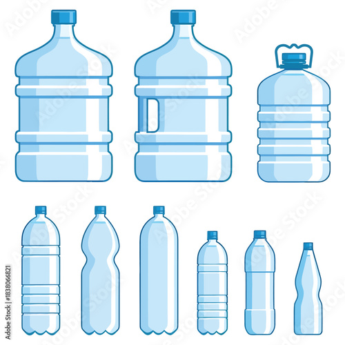Collection of Various Empty Plastic Water Bottles and Large Water Coolers