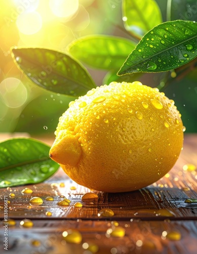 A vibrant, dewy lemon rests on wet wooden surface under bright sunlight.
