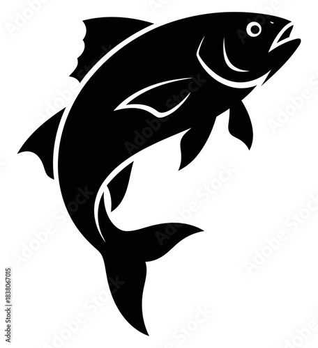Silhouette of a leaping salmon fish swimming upstream in dark water creating a dynamic and powerful aquatic nature scene