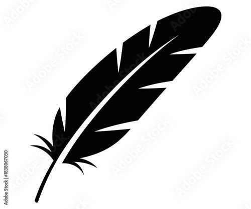 Simple black silhouette icon of a delicate bird feather floating gently against a stark dark background for design