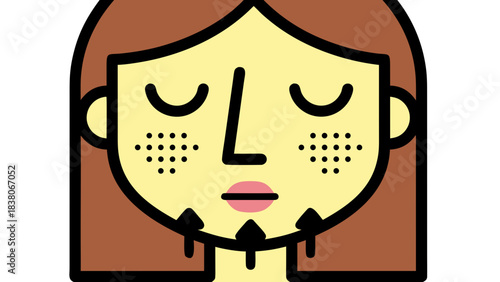 Stylized illustration of a woman with brown hair and closed eyes showing facial rejuvenation massage lines on her jawline and cheeks with freckles on a black background