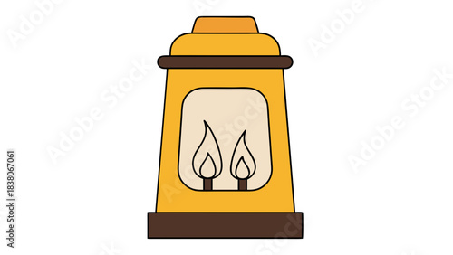 Stylized illustration of a yellow lantern with two flickering flames inside on a black background vintage lighting element for ambiance and warmth